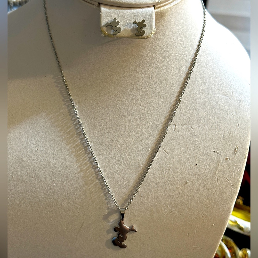 Silver Stainless 316L Mickey Mouse Necklace and Earrings Set